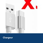 Vue de détail – X3 Câble Metal Nylon Renforcé Chargeur USB/Type C Longueur 2m Couleur Argent Compatible Samsung LG Sony Wiko