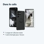 Contenu du colis – Coque Silicone Pour Samsung Galaxy S24 Ultra Couleur Noir Avec Anneau Support + Verre Trempe Protection Ec