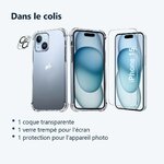 Contenu du colis – Coque Silicone Transparente Angles Renforces + Verre Trempe et Protection Camera Arriere Pour iPhone 15