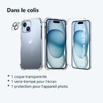 Contenu du colis – Coque Silicone Transparente Angles Renforces + Verre Trempe et Protection Camera Arriere Pour iPhone 15 Pl