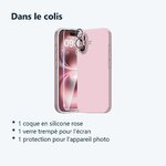 Contenu du colis – Coque Silicone Rose + Verre Trempe et Protection Camera Arriere Pour iPhone 16 Plus