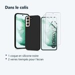 Contenu du colis – Coque Pour Samsung Galaxy S22 5G Silicone Noire + 2 Verres Trempes