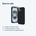 Contenu du colis – Coque Silicone Noir + Verre Trempe et Protection Camera Arriere Pour iPhone 16 Plus