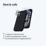 Contenu du colis – Coque Silicone Noir + Verres Trempes et Protections Camera Arriere X2 Pour iPhone 16 Plus