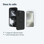 Contenu du colis – Coque Silicone Pour Samsung Galaxy S24 Plus Couleur Noir Avec Anneau Support + Verre Trempe Protection Ecr