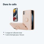 Contenu du colis – Coque Silicone Pour iPhone 12 Couleur Rose Avec Anneau Support + Verre Trempe Protection Ecran