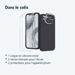 Contenu du colis – Coque Silicone Noir + Verres Trempes et Protections Camera Arriere X2 Pour iPhone 12 Pro