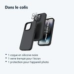 Contenu du colis – Coque Silicone Noir + Verre Trempe et Protection Camera Arriere Pour iPhone 14 Pro Max
