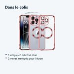 Contenu du colis – Coque Silicone Pour iPhone 14 Pro Max Couleur Rose Compatible Magsafe + 2 Verres Trempe Protection Ecran