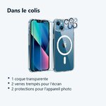 Contenu du colis – Coque Silicone Transparente Compatible Magsafe + Verres Trempes et Protections Camera Arriere X2 Pour iPho