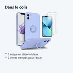 Contenu du colis – Coque Silicone Pour iPhone 13 Couleur Bleu Avec Anneau Support + 2 Verres Trempe Protection Ecran