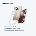 Contenu du colis – Coque Silicone Transparente Angles Renforces + Verre Trempe et Protection Camera Arriere Pour iPhone 16 Pr