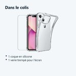 Contenu du colis – Coque Silicone Transparent 4 Coins Renforces Pour iPhone 13 + Verre Trempe