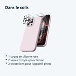 Contenu du colis – Coque Silicone Rose + Verres Trempes et Protections Camera Arriere X2 Pour iPhone 16 Pro Max
