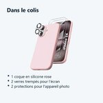 Contenu du colis – Coque Silicone Rose + Verres Trempes et Protections Camera Arriere X2 Pour iPhone 16