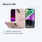 Contenu du colis – Coque Silicone Pour iPhone 14 Couleur Rose Avec Anneau Support + Verre Trempe Protection Ecran