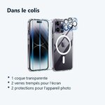 Contenu du colis – Coque Silicone Transparente Compatible Magsafe + Verres Trempes et Protections Camera Arriere X2 Pour iPho