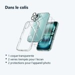 Contenu du colis – Coque Silicone Transparente + Verres Trempes et Protections Camera Arriere X2 Pour iPhone 16 Plus