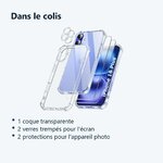 Contenu du colis – Coque Silicone Transparente Angles Renforces + Verres Trempes et Protections Camera Arriere X2 Pour iPhone