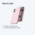 Contenu du colis – Coque Silicone Rose + 2 Verres Trempes Pour iPhone 16