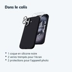 Contenu du colis – Coque Silicone Noir + Verres Trempes et Protections Camera Arriere X2 Pour iPhone 16