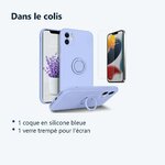 Contenu du colis – Coque Silicone Pour iPhone 12 Couleur Bleu Avec Anneau Support + Verre Trempe Protection Ecran