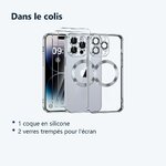 Contenu du colis – Coque Silicone Pour iPhone 14 Pro Max Couleur Argent Compatible Magsafe + 2 Verres Trempe Protection Ecran
