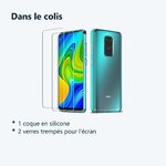 Contenu du colis – Coque Silicone + 2 Verres Trempés pour Xiaomi Redmi Note 9