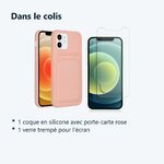 Contenu du colis – Coque Silicone avec Porte Carte Rose + Verre Trempe Pour iPhone 12 / 12 Pro