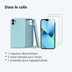 Contenu du colis – Coque Silicone Pour iPhone 13 Couleur Bleu Protection Objectif Appareil Photo + 2 Verres Trempe Protectio