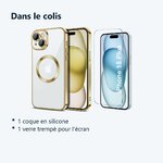 Contenu du colis – Coque Silicone Pour iPhone 15 Plus Couleur Or Compatible Magsafe + Verre Trempe Protection Ecran