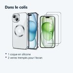 Contenu du colis – Coque Silicone Pour iPhone 15 Plus Couleur Argent Compatible Magsafe + 2 Verres Trempe Protection Ecran