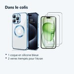 Contenu du colis – Coque Silicone Pour iPhone 15 Pro Max Couleur Bleu Compatible Magsafe + 2 Verres Trempe Protection Ecran