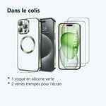 Contenu du colis – Coque Silicone Pour iPhone 15 Pro Max Couleur Vert Compatible Magsafe + 2 Verres Trempe Protection Ecran