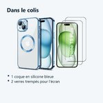 Contenu du colis – Coque Silicone Pour iPhone 15 Plus Couleur Bleu Compatible Magsafe + 2 Verres Trempe Protection Ecran