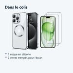 Contenu du colis – Coque Silicone Pour iPhone 15 Pro Max Couleur Argent Compatible Magsafe + 2 Verres Trempe Protection Ecran