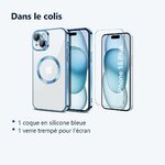 Contenu du colis – Coque Silicone Pour iPhone 15 Plus Couleur Bleu Compatible Magsafe + Verre Trempe Protection Ecran