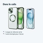 Contenu du colis – Coque Silicone Pour iPhone 15 Plus Couleur Vert Compatible Magsafe + Verre Trempe Protection Ecran