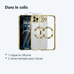 Contenu du colis – Coque Silicone Pour iPhone 14 Plus Couleur Or Compatible Magsafe + 2 Verres Trempe Protection Ecran