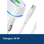 Vue de détail – Chargeur voiture USB + Type C - QC 3.0 PD 20W 3A pour iPhone X / Xr / 11 / 12 / 13