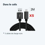 Contenu du colis – X5 Cable Metal Nylon Renforce Chargeur USB Couleur Noir pour IPhone Longueur 2m Tréssé Compatible IPhone 5
