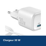 Vue de détail – Chargeur Blanc Rapide 30W + Câble USB C pour Samsung S25 / S25 Plus / S25 Ultra / S24 FE / Z Flip 6 / A16 / A