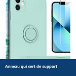 Vue de détail – Coque Silicone Pour iPhone 13 Couleur Vert Avec Anneau Support + 2 Verres Trempé Protection Écran