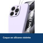 Vue de détail – Coque Silicone Violet + 2 Verres Trempés Pour iPhone 15 Pro