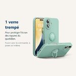 Verre trempé pour protéger lécran – Coque Silicone Pour iPhone 16 Plus Couleur Vert Avec Anneau Support + Verre Trempé Prote