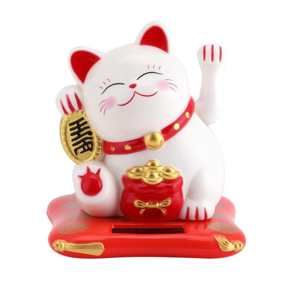 Chat Maneki Neko Solaire Agitant La Patte - Figurine Porte-bonheur Blanc, Symbole De Chance Et Fortune