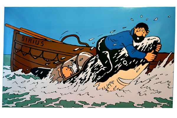 ga221_Hergé - Plaque émaillée scène requin grand format