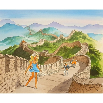 Dany - illustration originale - Colombe et Olivier en visite, la grande muraille de Chine