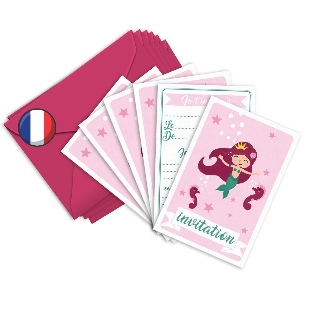 Invitation anniversaire | Cartes et enveloppes par 6 | Thème Princesse Sirène