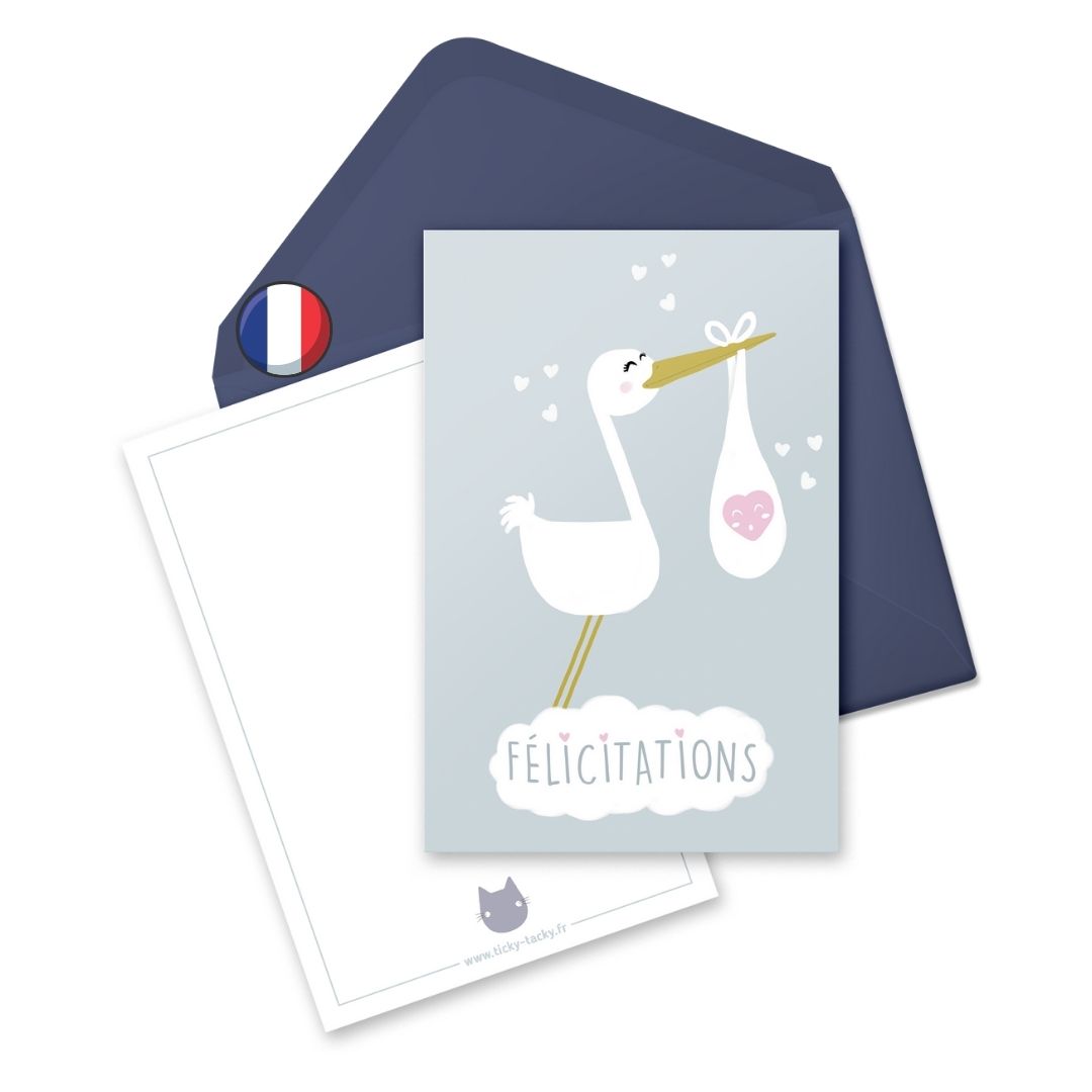 Carte & enveloppe Félicitation - Naissance | Cigogne